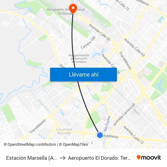 Estación Marsella (Av. Américas - Kr 69b) to Aeropuerto El Dorado: Terminal Nacional Costado Sur map
