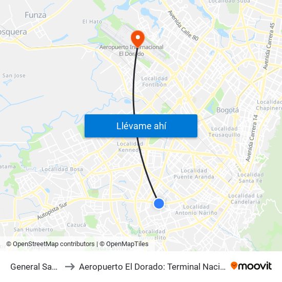 General Santander to Aeropuerto El Dorado: Terminal Nacional Costado Sur map