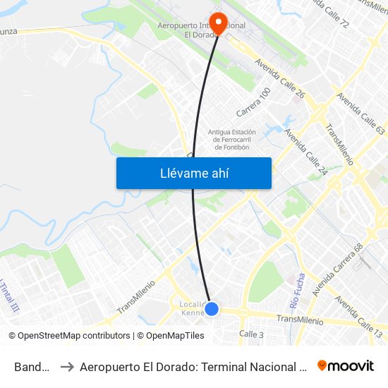 Banderas to Aeropuerto El Dorado: Terminal Nacional Costado Sur map