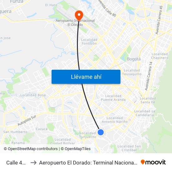 Calle 40 Sur to Aeropuerto El Dorado: Terminal Nacional Costado Sur map