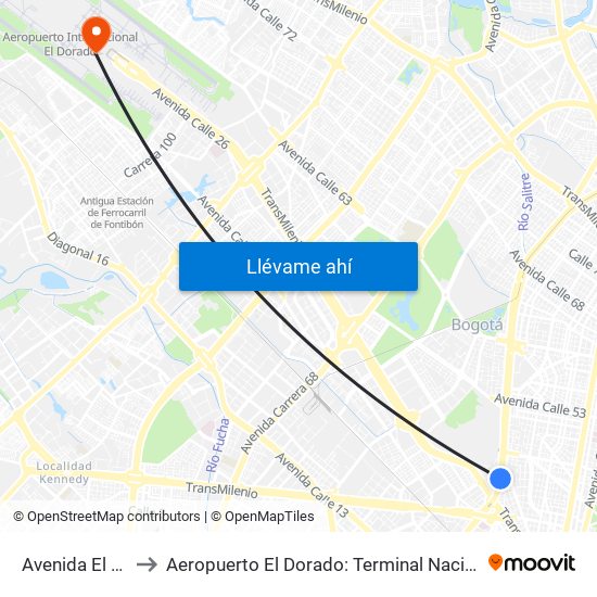 Avenida El Dorado to Aeropuerto El Dorado: Terminal Nacional Costado Sur map