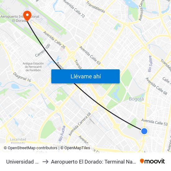 Universidad Nacional to Aeropuerto El Dorado: Terminal Nacional Costado Sur map