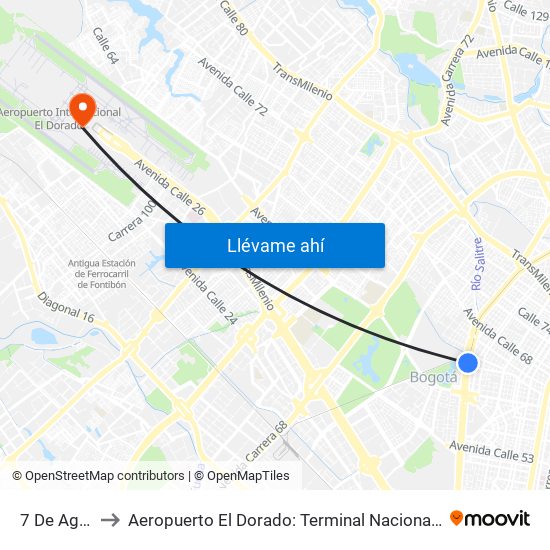 7 De Agosto to Aeropuerto El Dorado: Terminal Nacional Costado Sur map