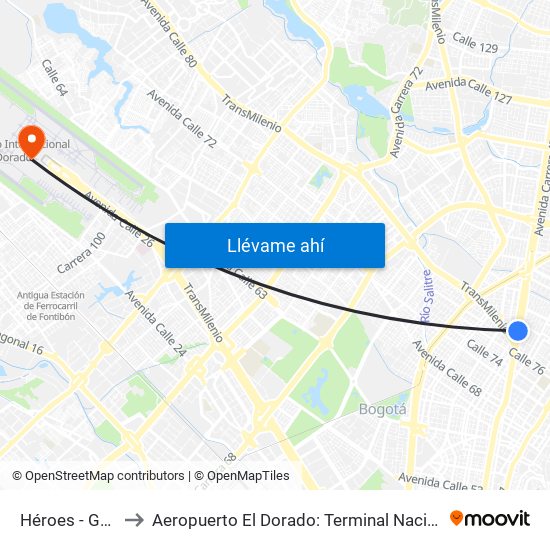 Héroes - Gel'Hada to Aeropuerto El Dorado: Terminal Nacional Costado Sur map