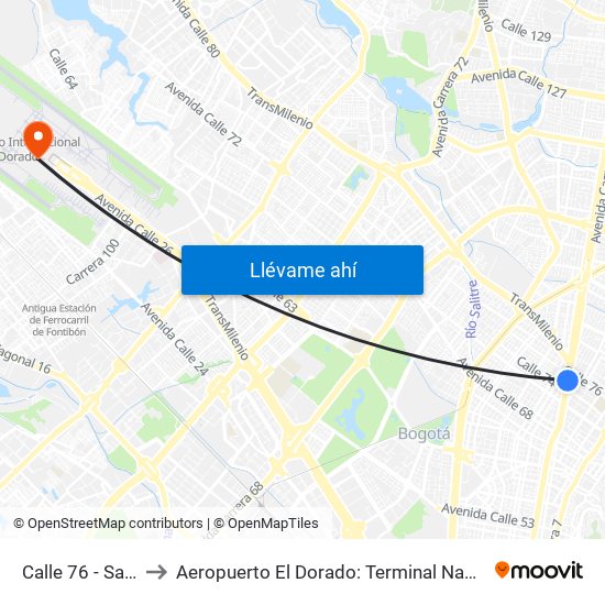 Calle 76 - San Felipe to Aeropuerto El Dorado: Terminal Nacional Costado Sur map