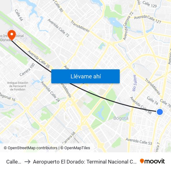Calle 72 to Aeropuerto El Dorado: Terminal Nacional Costado Sur map