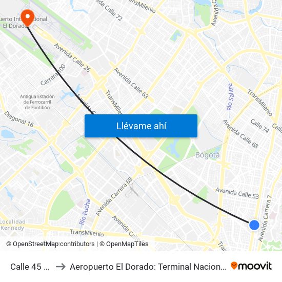 Calle 45 - Asw to Aeropuerto El Dorado: Terminal Nacional Costado Sur map