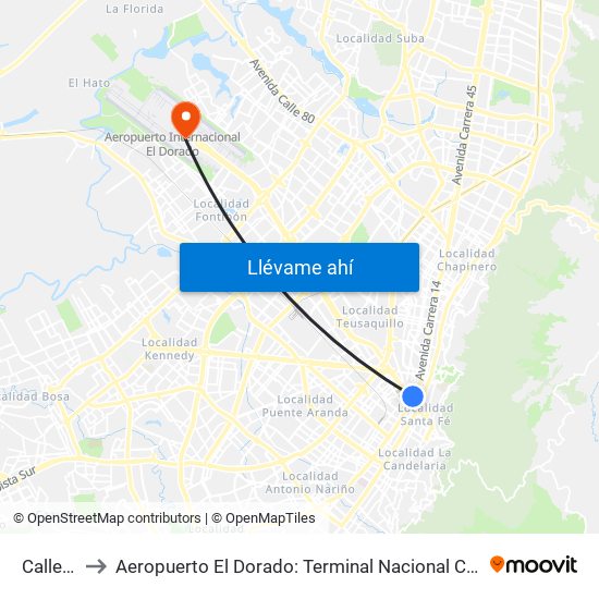Calle 26 to Aeropuerto El Dorado: Terminal Nacional Costado Sur map