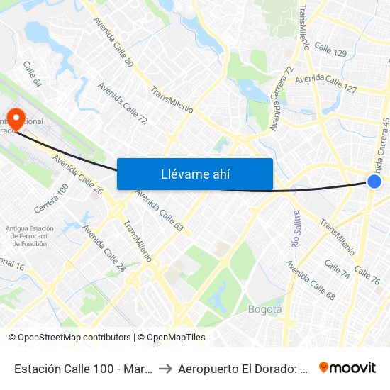 Estación Calle 100 - Marketmedios (Auto Norte - Cl 98) to Aeropuerto El Dorado: Terminal Nacional Costado Sur map