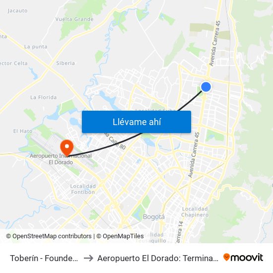 Toberín - Foundever (Lado Sur) to Aeropuerto El Dorado: Terminal Nacional Costado Sur map
