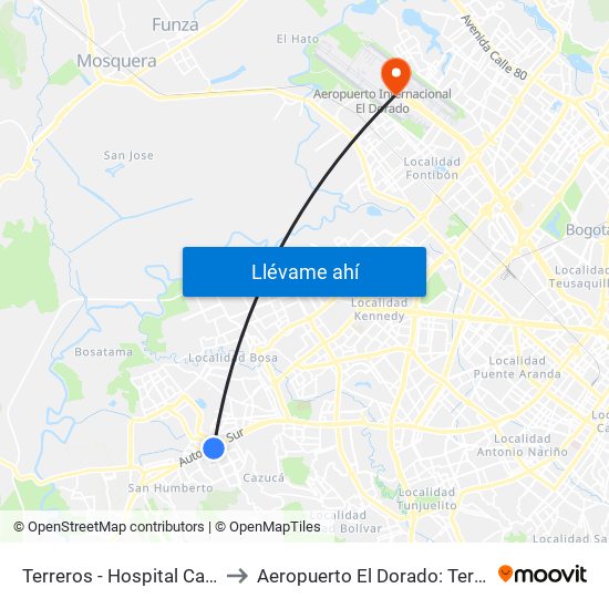 Terreros - Hospital Cardiovascular (Lado Sur) to Aeropuerto El Dorado: Terminal Nacional Costado Sur map