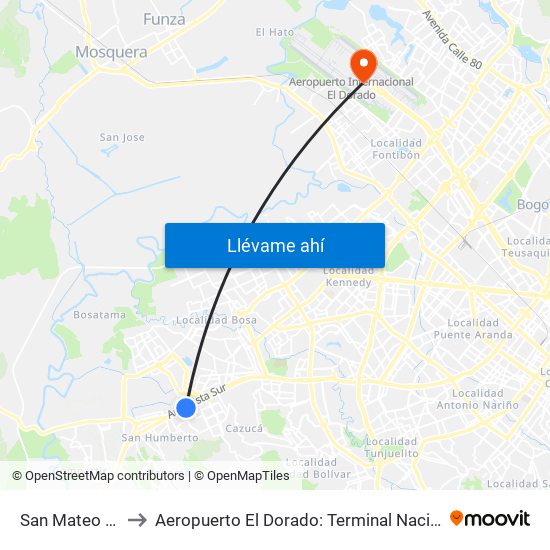 San Mateo - Unisur to Aeropuerto El Dorado: Terminal Nacional Costado Sur map