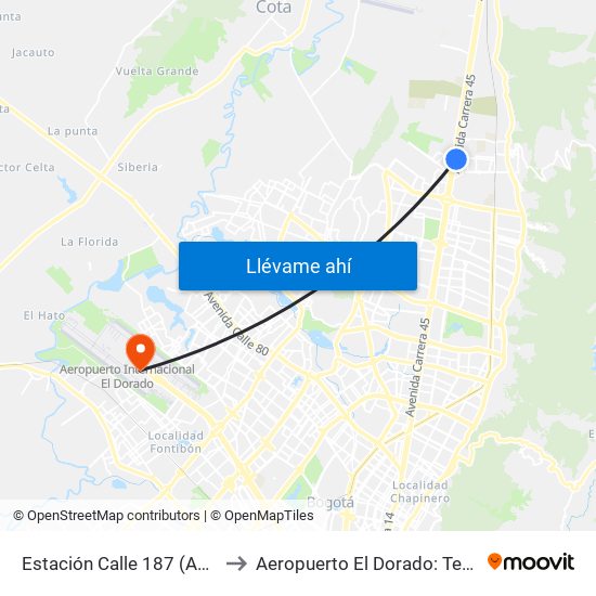 Estación Calle 187 (Auto Norte - Cl 187 Bis) (A) to Aeropuerto El Dorado: Terminal Nacional Costado Sur map