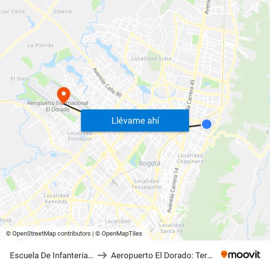 Escuela De Infantería (Ac 100 - Kr 11a) (B) to Aeropuerto El Dorado: Terminal Nacional Costado Sur map