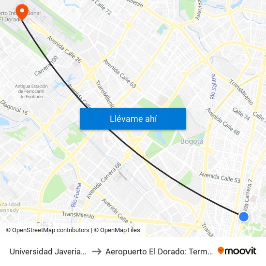 Universidad Javeriana (Ak 7 - Cl 40) (B) to Aeropuerto El Dorado: Terminal Nacional Costado Sur map