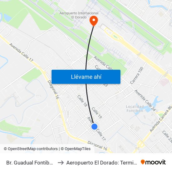 Br. Guadual Fontibón (Cl 17 - Kr 96h) to Aeropuerto El Dorado: Terminal Nacional Costado Sur map