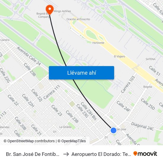 Br. San José De Fontibón (Kr 100 - Av. Esperanza) to Aeropuerto El Dorado: Terminal Nacional Costado Sur map