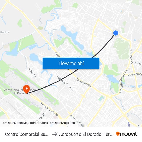 Centro Comercial Subazar (Av. Suba - Kr 91) to Aeropuerto El Dorado: Terminal Nacional Costado Sur map