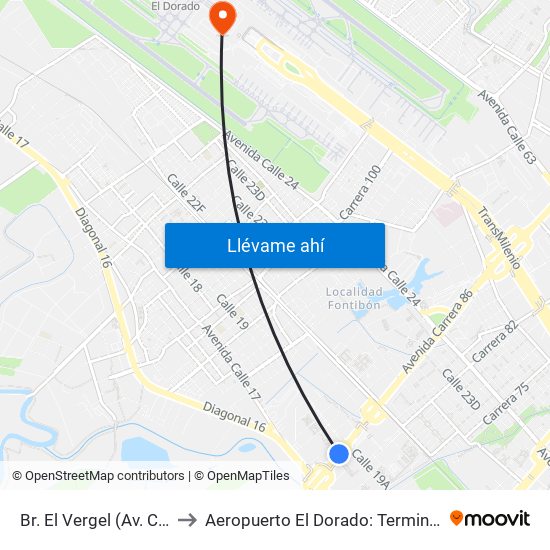 Br. El Vergel (Av. C. De Cali - Cl 18) to Aeropuerto El Dorado: Terminal Nacional Costado Sur map