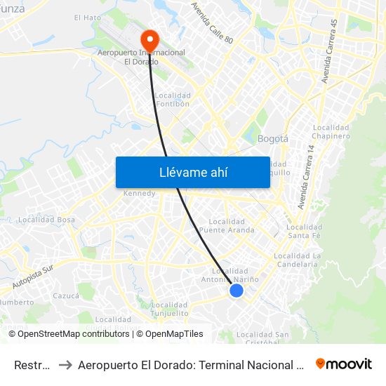 Restrepo to Aeropuerto El Dorado: Terminal Nacional Costado Sur map