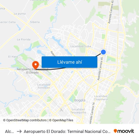 Alcalá to Aeropuerto El Dorado: Terminal Nacional Costado Sur map