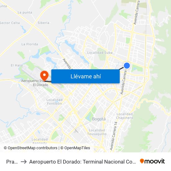 Prado to Aeropuerto El Dorado: Terminal Nacional Costado Sur map