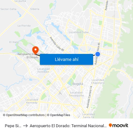 Pepe Sierra to Aeropuerto El Dorado: Terminal Nacional Costado Sur map