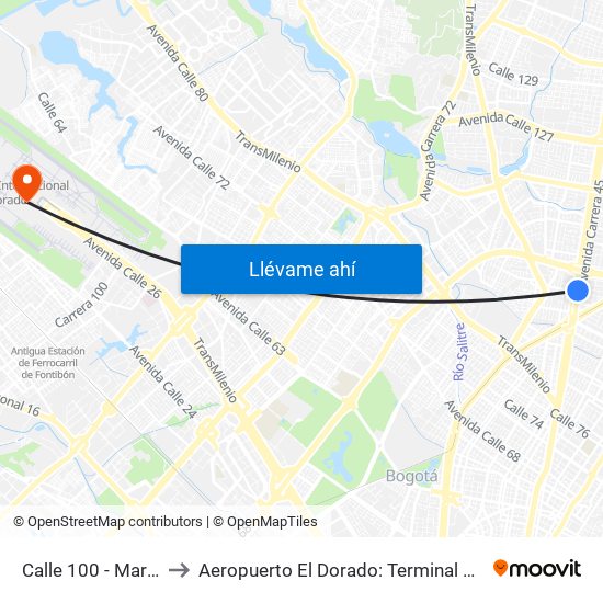 Calle 100 - Marketmedios to Aeropuerto El Dorado: Terminal Nacional Costado Sur map