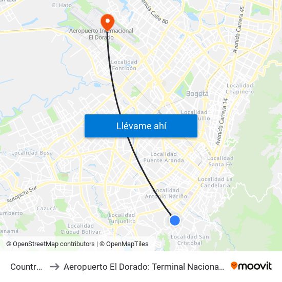 Country Sur to Aeropuerto El Dorado: Terminal Nacional Costado Sur map