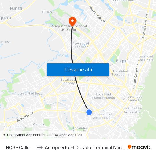 NQS - Calle 38a Sur to Aeropuerto El Dorado: Terminal Nacional Costado Sur map