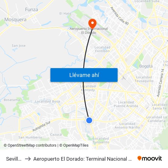 Sevillana to Aeropuerto El Dorado: Terminal Nacional Costado Sur map