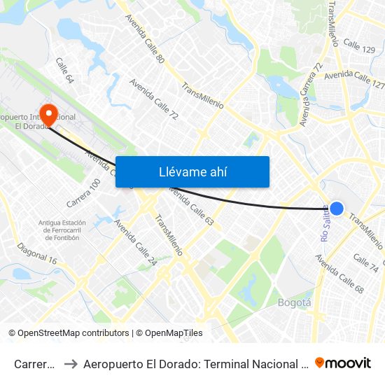 Carrera 47 to Aeropuerto El Dorado: Terminal Nacional Costado Sur map