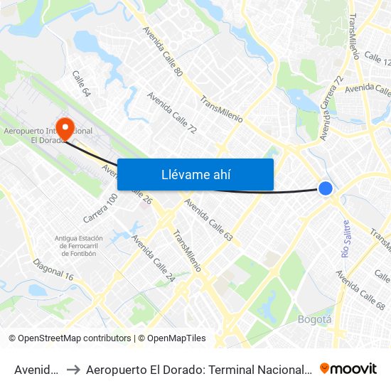 Avenida 68 to Aeropuerto El Dorado: Terminal Nacional Costado Sur map