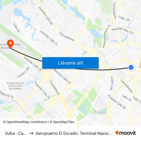 Suba - Calle 95 to Aeropuerto El Dorado: Terminal Nacional Costado Sur map