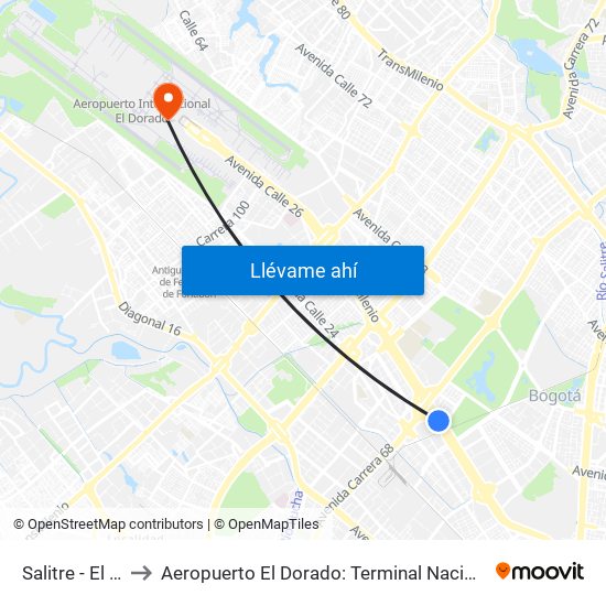 Salitre - El Greco to Aeropuerto El Dorado: Terminal Nacional Costado Sur map