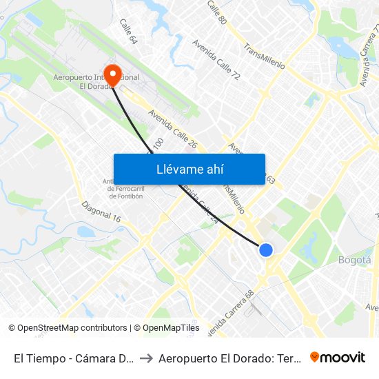 El Tiempo - Cámara De Comercio De Bogotá to Aeropuerto El Dorado: Terminal Nacional Costado Sur map