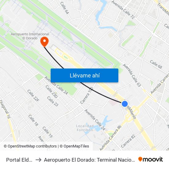 Portal Eldorado to Aeropuerto El Dorado: Terminal Nacional Costado Sur map