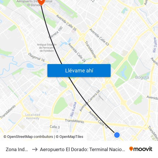 Zona Industrial to Aeropuerto El Dorado: Terminal Nacional Costado Sur map