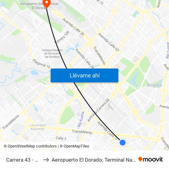 Carrera 43 - Comapan to Aeropuerto El Dorado: Terminal Nacional Costado Sur map