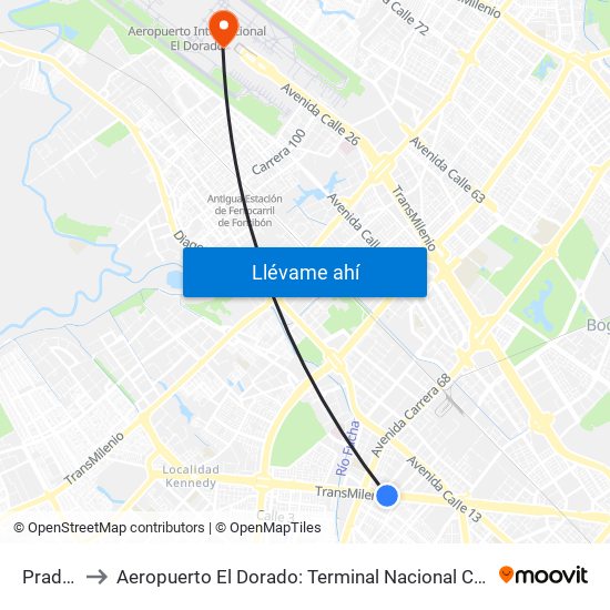 Pradera to Aeropuerto El Dorado: Terminal Nacional Costado Sur map