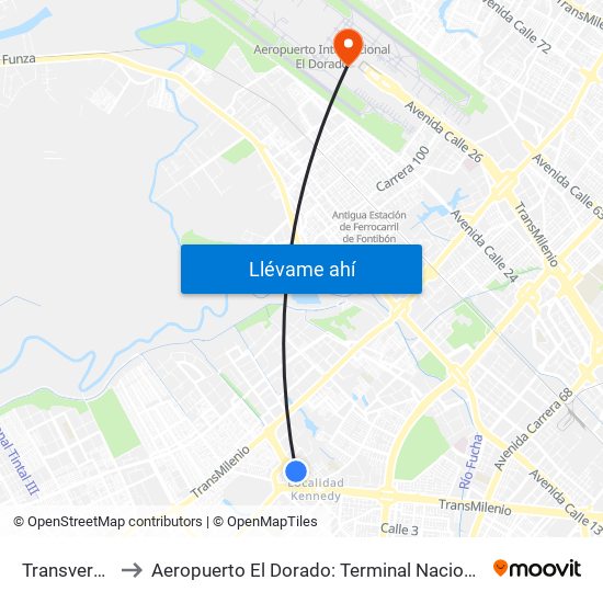 Transversal 86 to Aeropuerto El Dorado: Terminal Nacional Costado Sur map