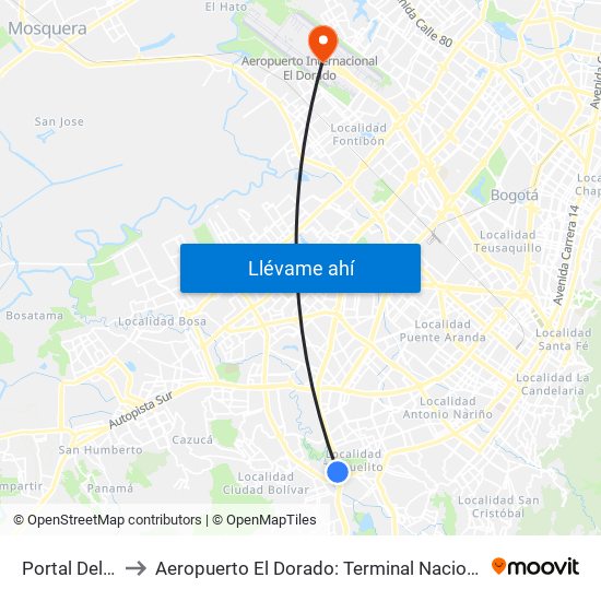 Portal Del Tunal to Aeropuerto El Dorado: Terminal Nacional Costado Sur map