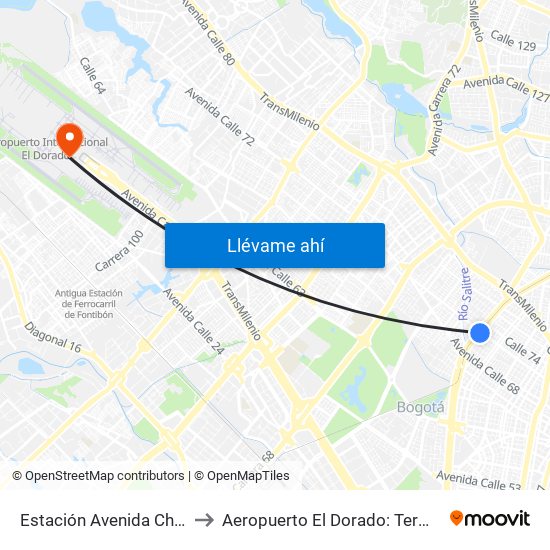Estación Avenida Chile (Av. NQS - Cl 71c) to Aeropuerto El Dorado: Terminal Nacional Costado Sur map