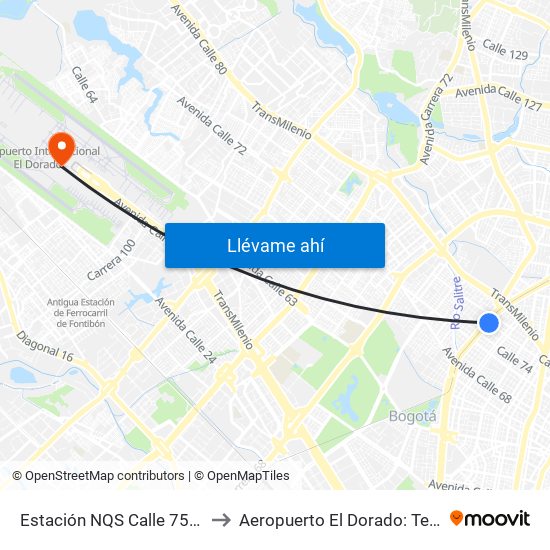 Estación NQS Calle 75 - Zona M (Av. NQS - Cl 75) to Aeropuerto El Dorado: Terminal Nacional Costado Sur map