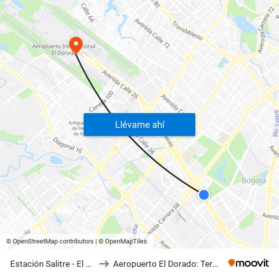 Estación Salitre - El Greco (Ac 26 - Ak 68) to Aeropuerto El Dorado: Terminal Nacional Costado Sur map