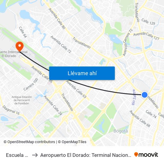 Escuela Militar to Aeropuerto El Dorado: Terminal Nacional Costado Norte map