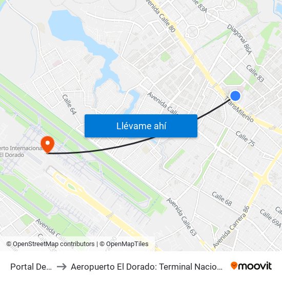 Portal De La 80 to Aeropuerto El Dorado: Terminal Nacional Costado Norte map