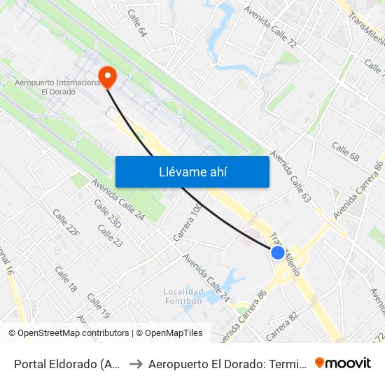 Portal Eldorado (Ac 26 - Av. C. De Cali) to Aeropuerto El Dorado: Terminal Nacional Costado Norte map
