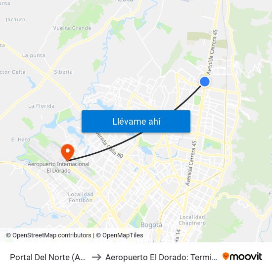 Portal Del Norte (Auto Norte - Cl 174a) to Aeropuerto El Dorado: Terminal Nacional Costado Norte map