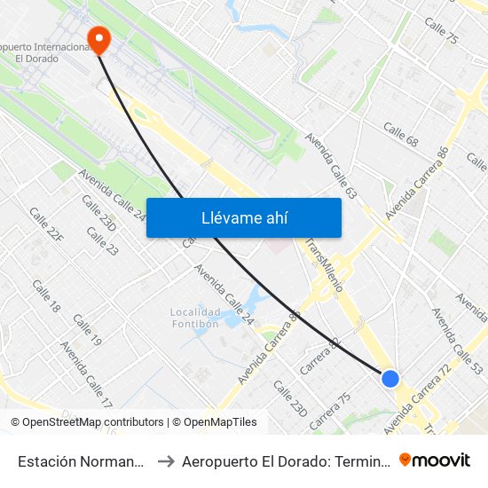 Estación Normandía (Ac 26 - Kr 74) to Aeropuerto El Dorado: Terminal Nacional Costado Norte map